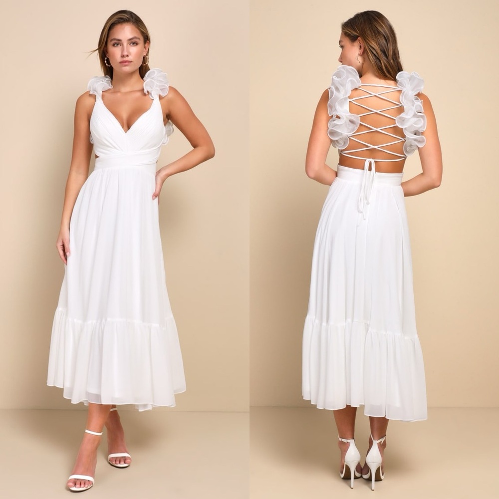 Lulus Contemporary Poise White Pleated Ruffled Lace-Up Midi Dress